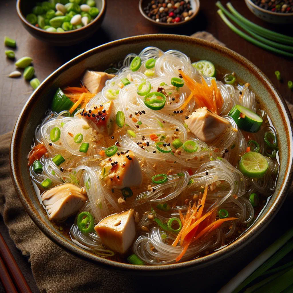 Thai glass noodle salad with vegetables, fresh coriander and chilli