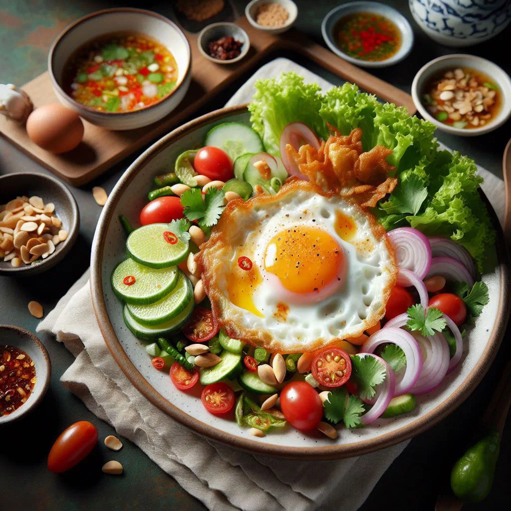 Yum Kai Dao fried egg salad with crunchy vegetables, lime and fresh coriander