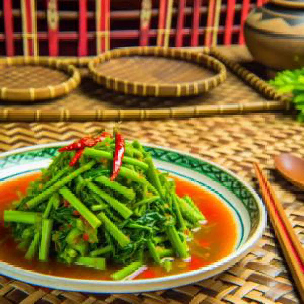 Crispy deep-fried morning glory leaves served with a spicy Thai chilli paste