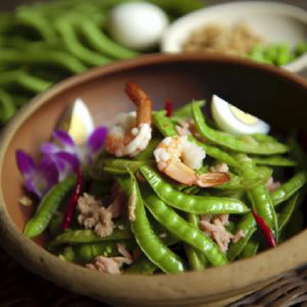 Thai winged bean salad with prawns, lime dressing and fresh coriander
