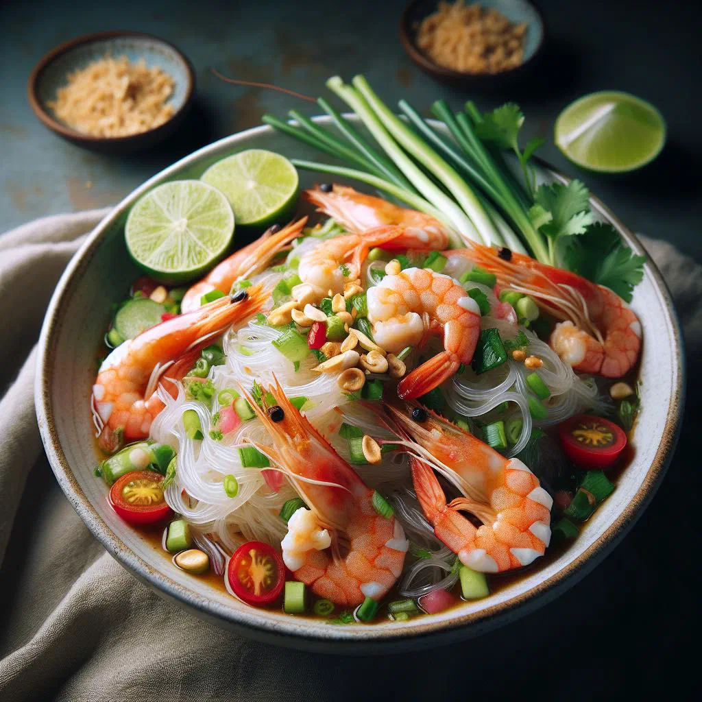 Thai glass noodle salad with prawns, fresh vegetables and coriander