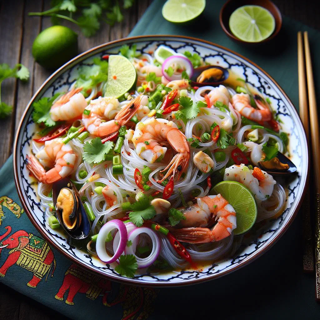 Thai glass noodle seafood salad with prawns, squid and fresh coriander