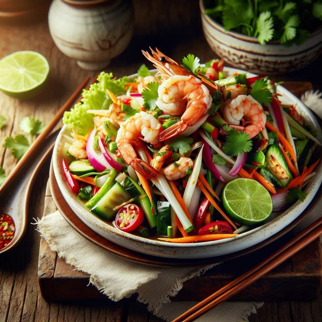 Thai Yum Yai salad with prawns, fresh vegetables and herbs in a spicy lime dressing