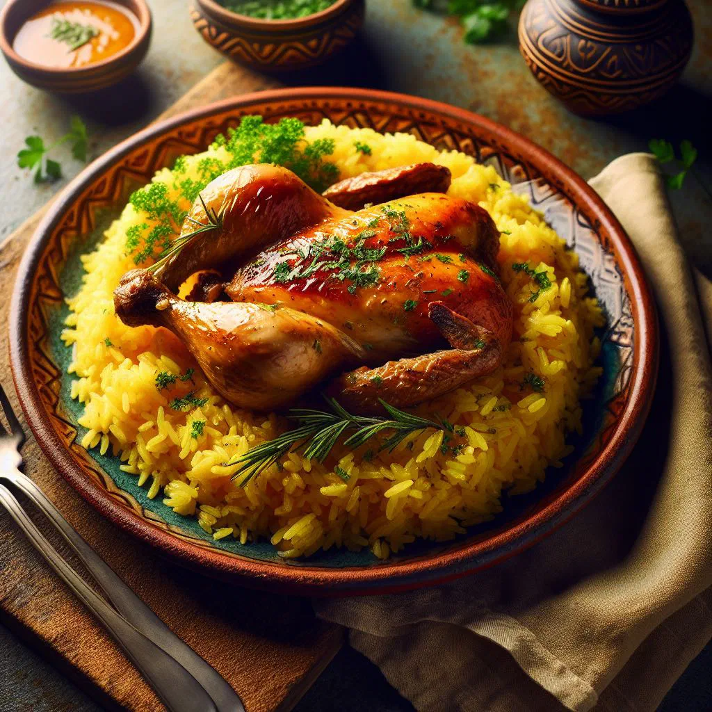 Bowl of arroz com galinha with tender chicken pieces and rice garnished with fresh herbs