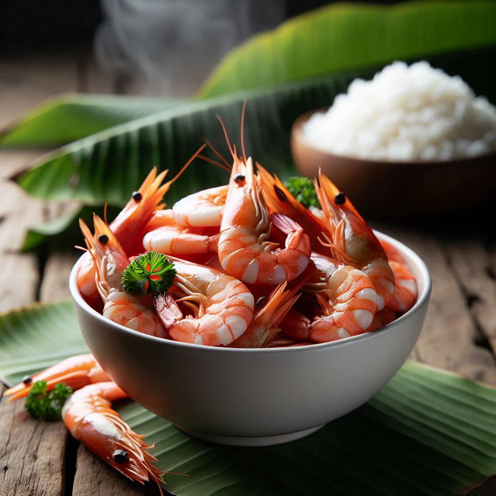 Boiled prawns in a fragrant spiced broth garnished with fresh herbs and lime