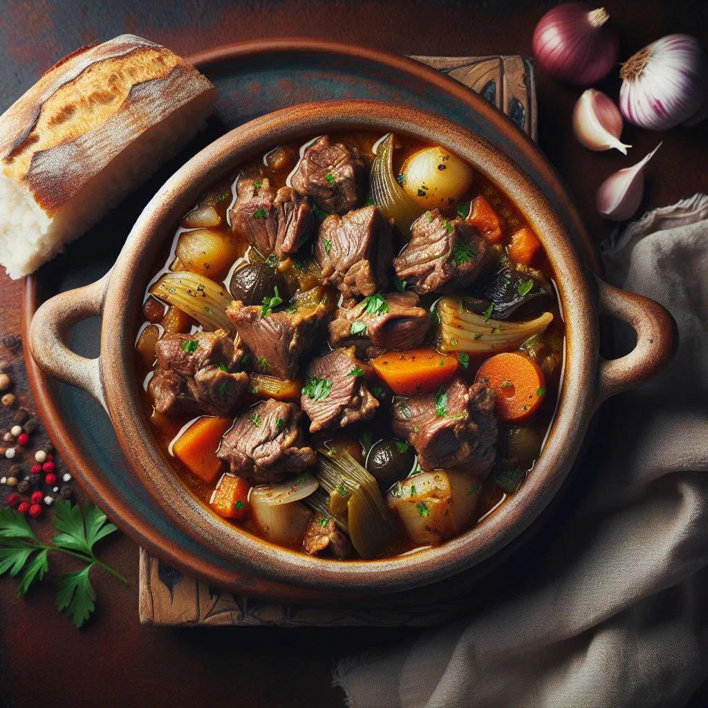 Braised goat stew garnished with fresh coriander in a rustic bowl