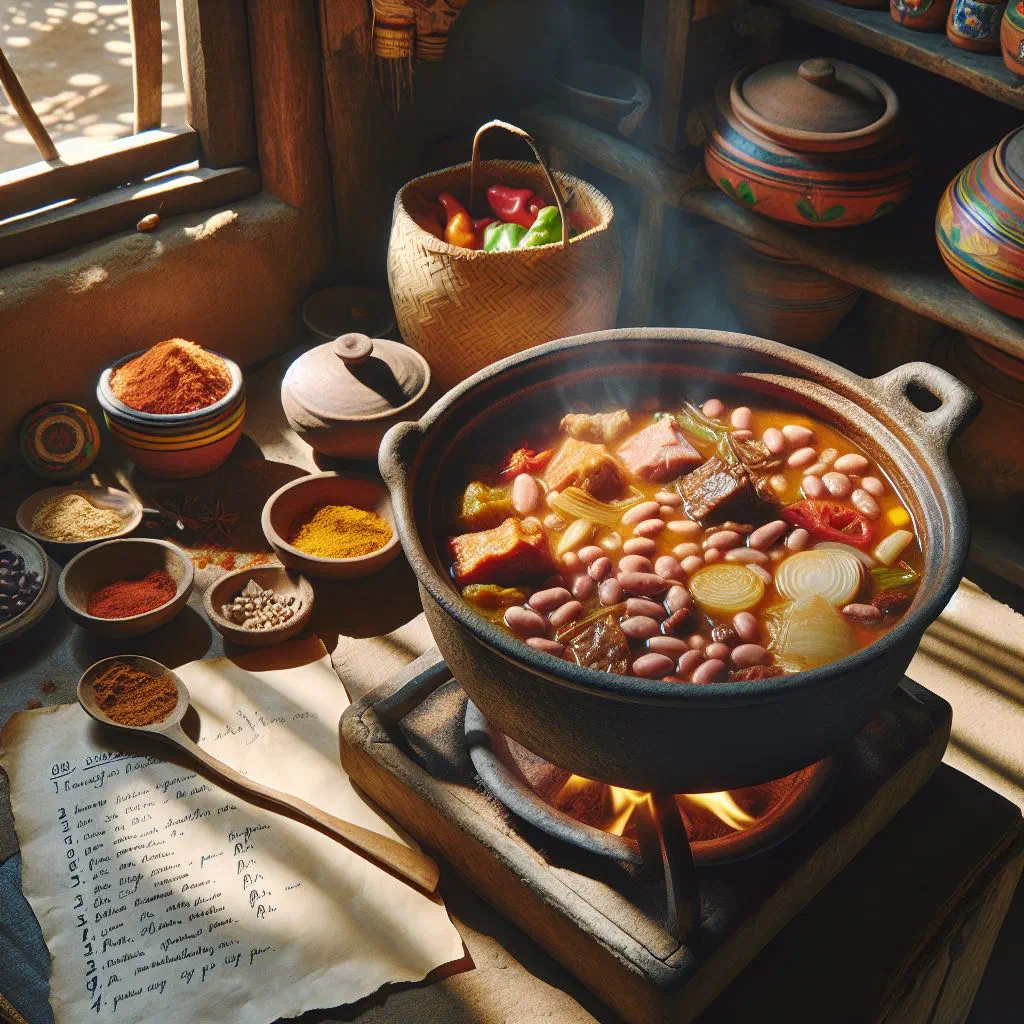 A rich Feijoada bean stew with black beans and tender meat in a ceramic bowl