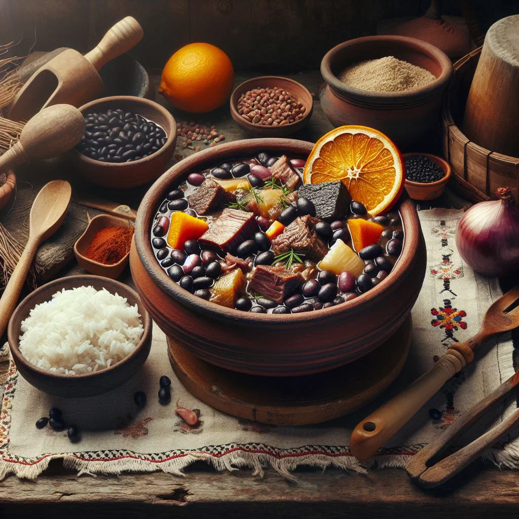 A hearty bowl of feijoada timorense bean and meat stew garnished with fresh herbs