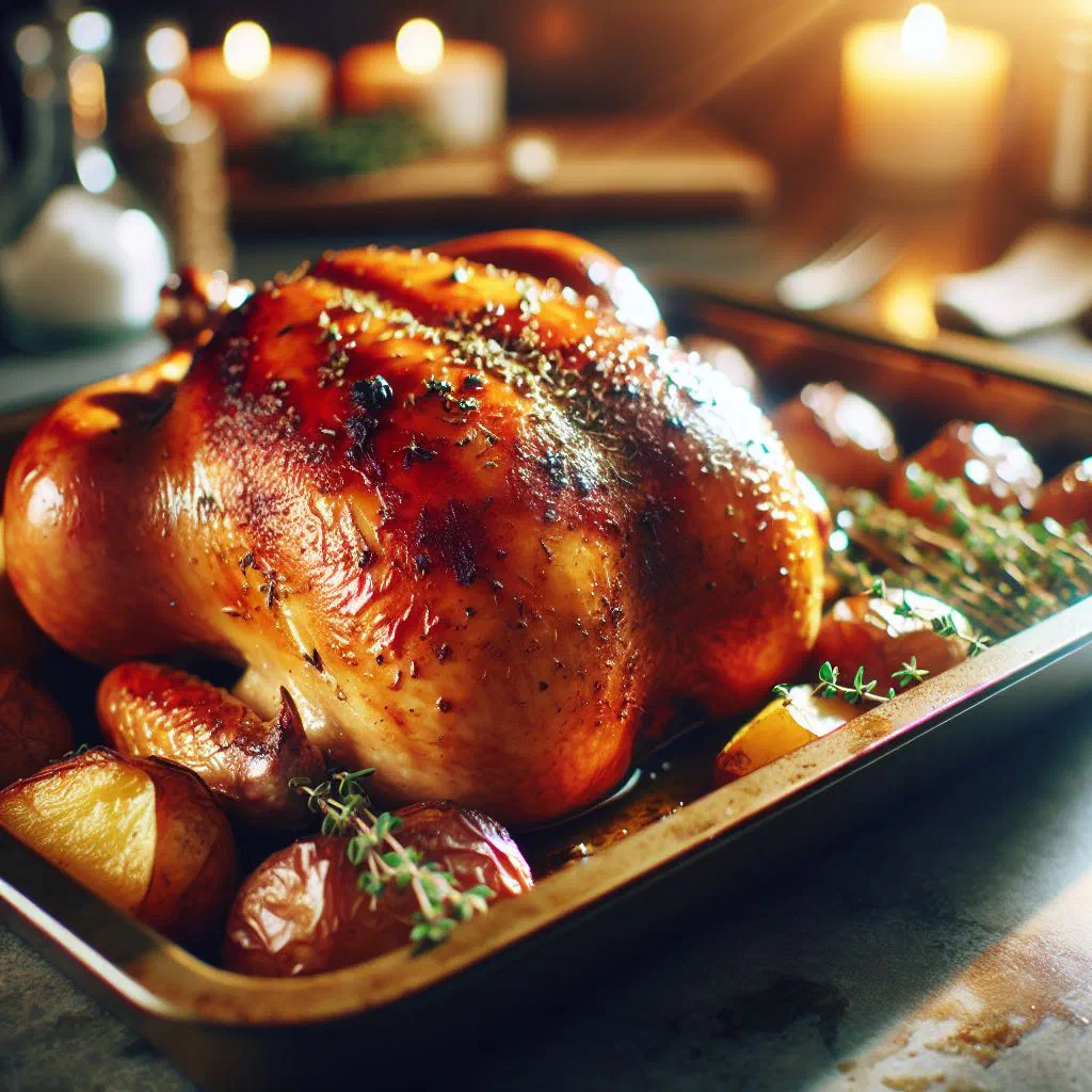 Golden oven-roasted chicken garnished with fresh herbs