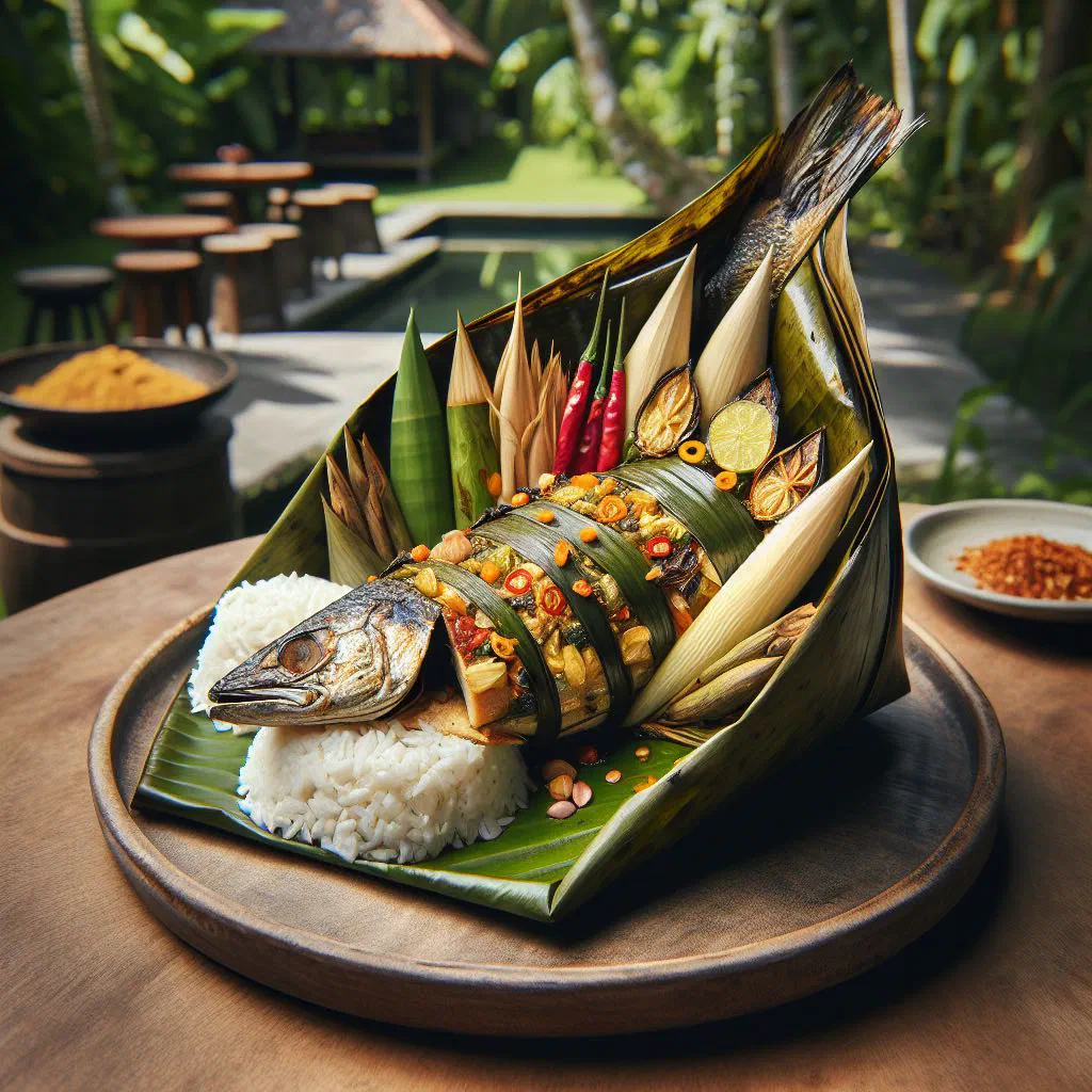 Marinated fish steamed in banana leaves, garnished with lime and fresh herbs