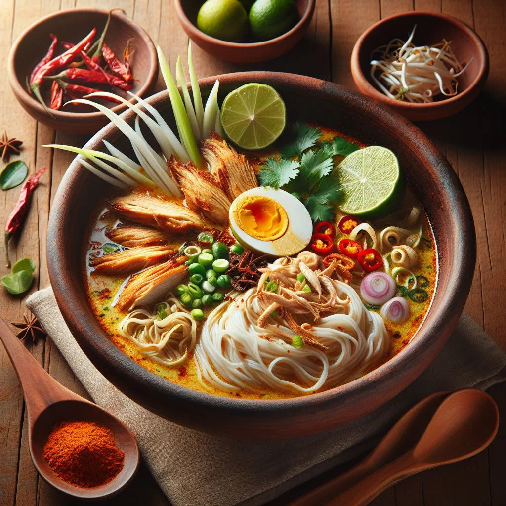 Bowl of laksa timorense with rice noodles, seafood and fresh herbs in a coconut broth