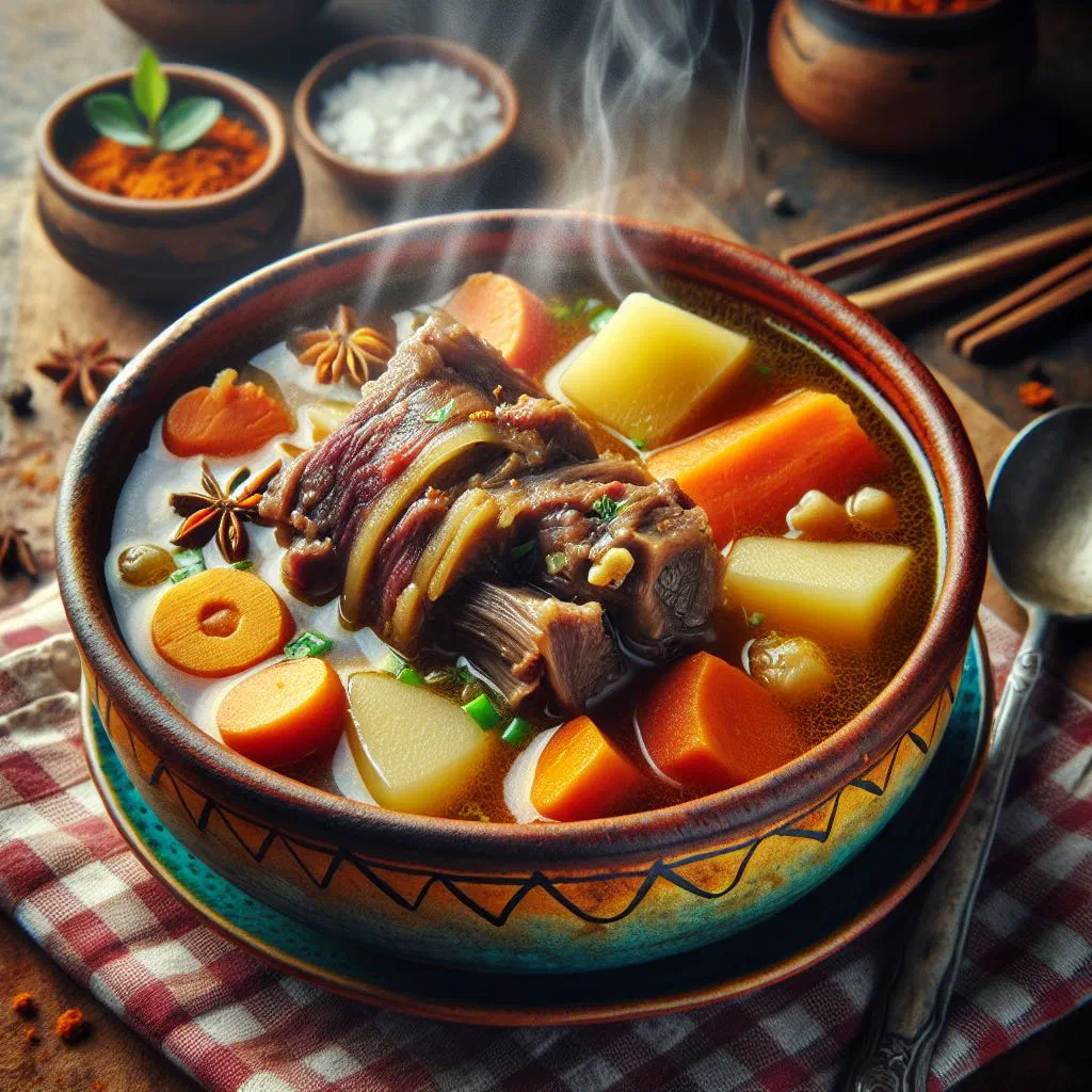 A steaming bowl of Manatuto oxtail soup with carrots, potatoes and fresh coriander