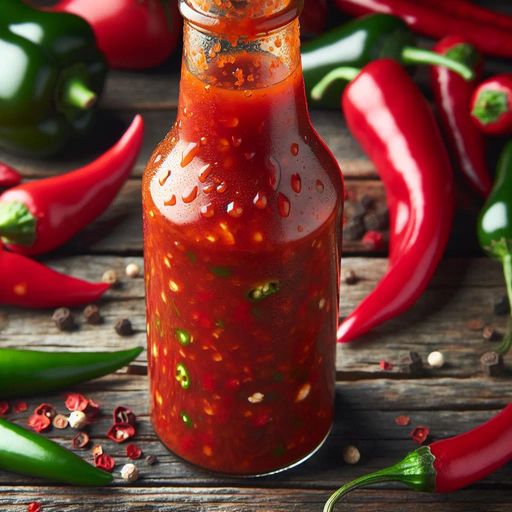 Small bowl of bright red Molho de Pimenta chilli sauce with lime