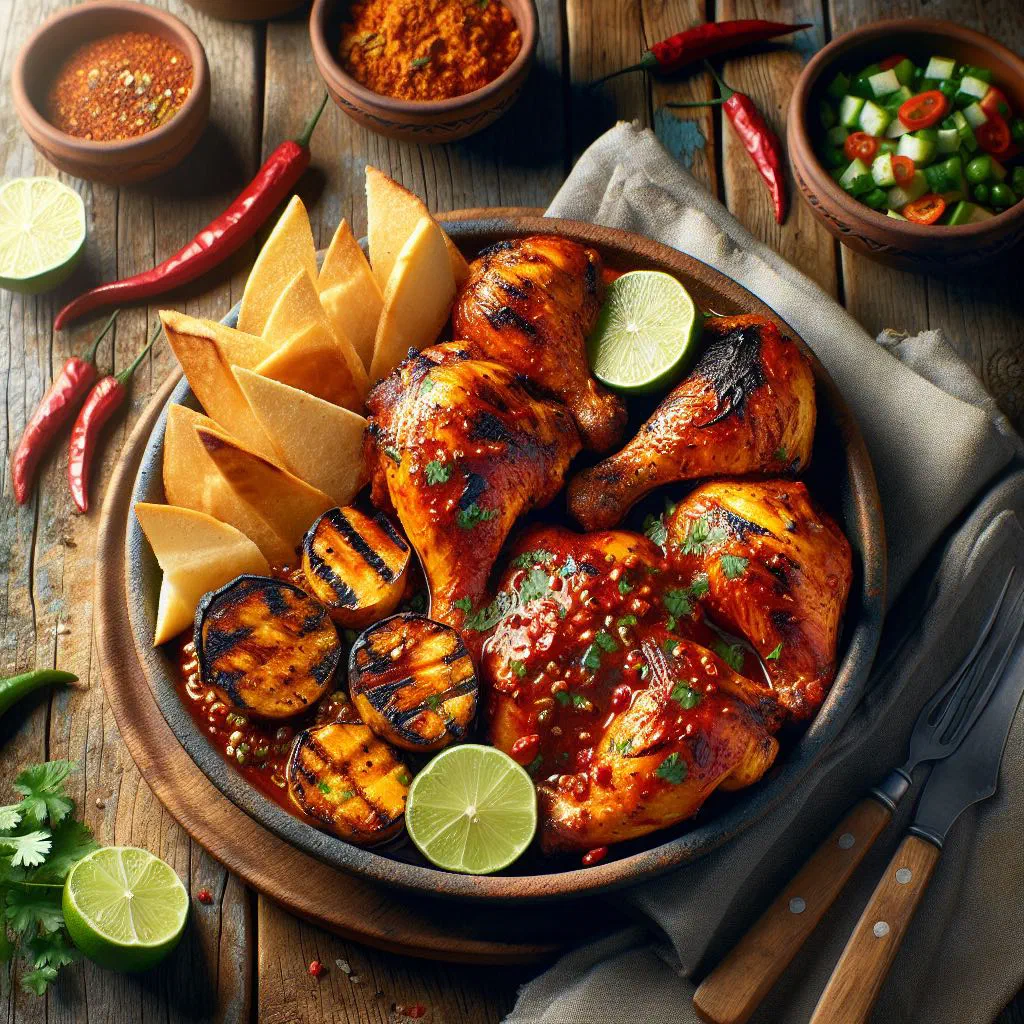 Grilled piri-piri chicken with fresh herbs and lemon