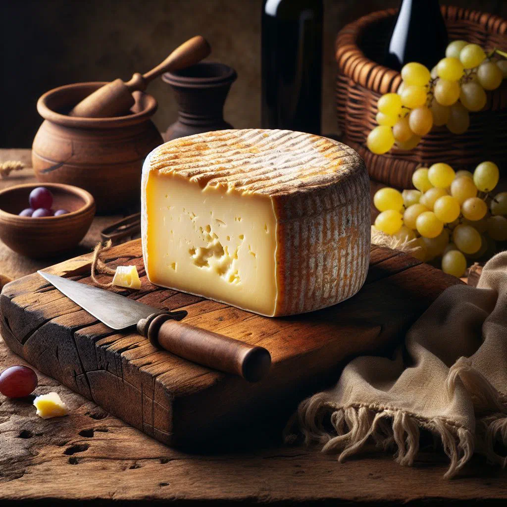 Fresh goat cheese with herbs shaped into small rounds on a wooden board