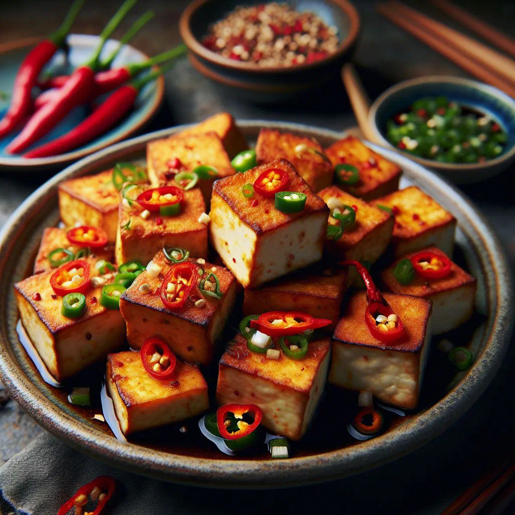 Crispy fried tofu goreng with colourful stir-fried vegetables and spring onions