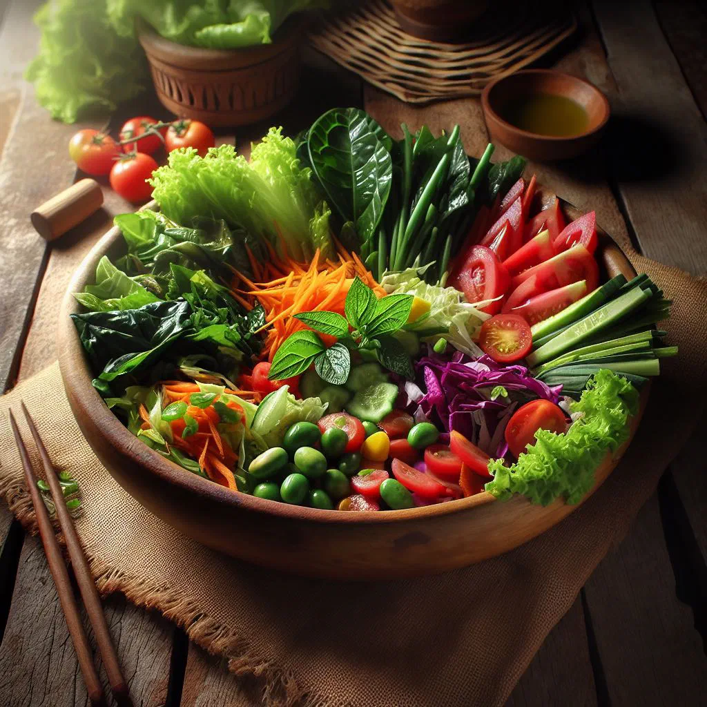 A colourful plate of Ulam Timorense with fresh vegetables, fish and lime