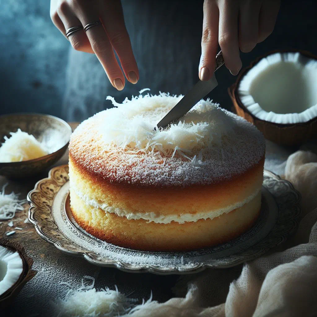 Golden coconut cake dusted with desiccated coconut on a serving plate