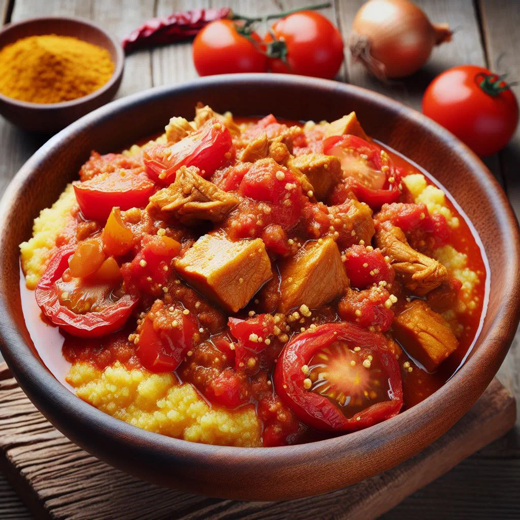 A bowl of Togolese djenkoume cornmeal porridge served with a spicy tomato sauce