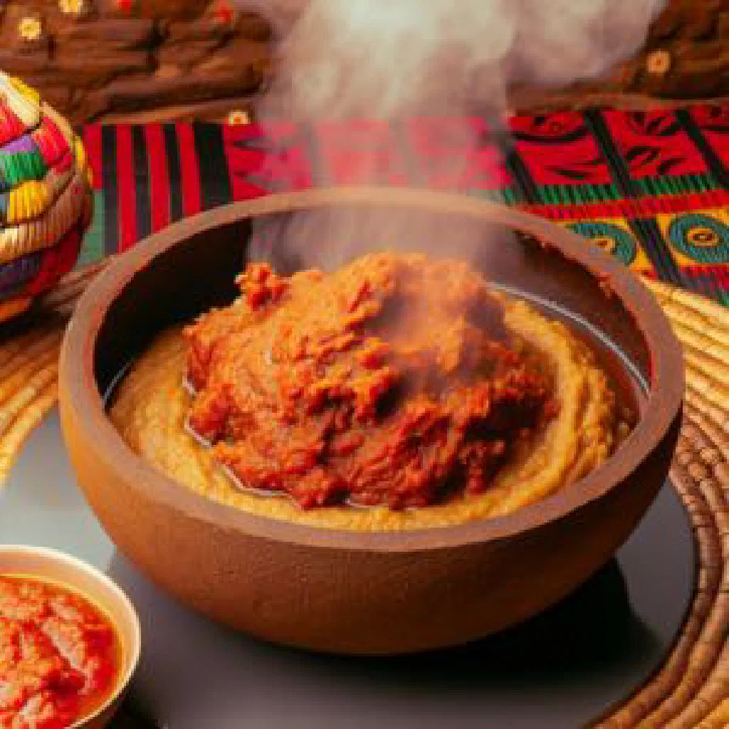 A portion of Djinkoume cornmeal served with vegetables and sauce