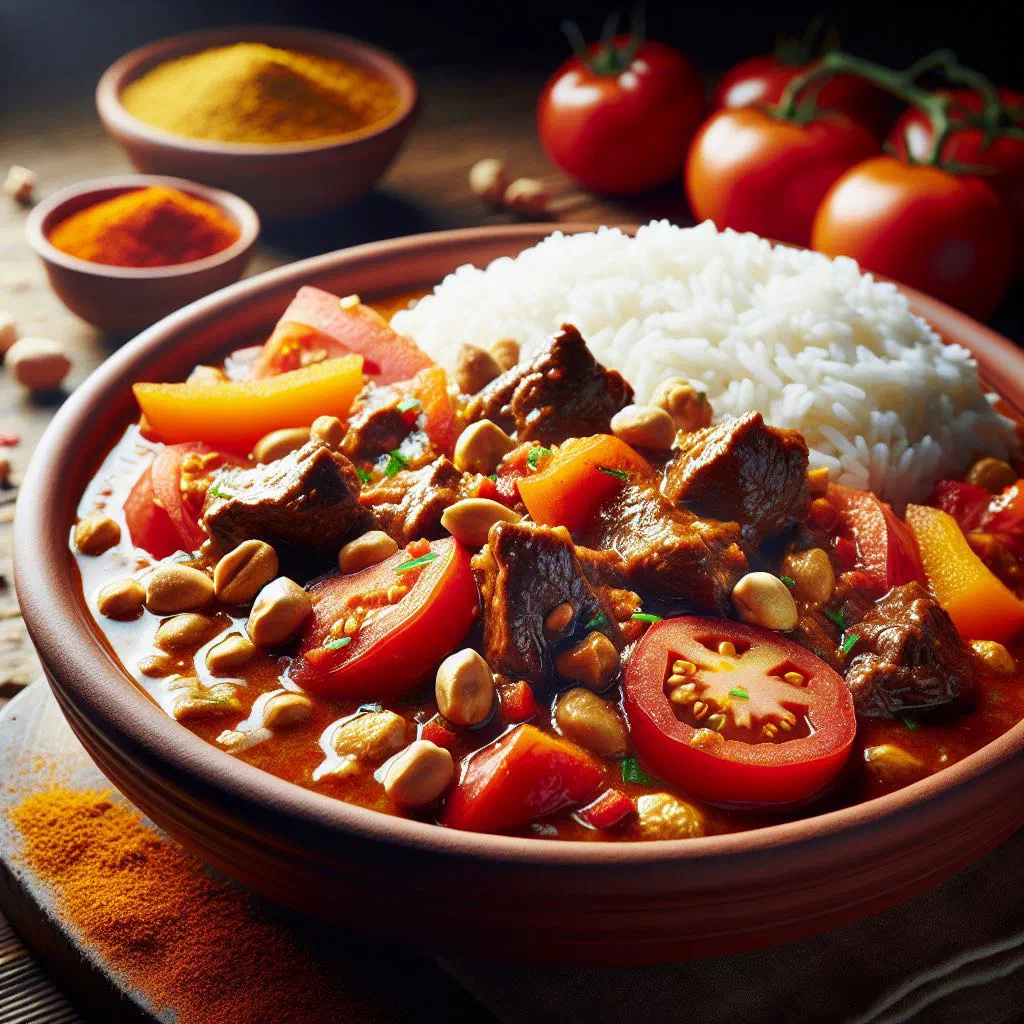 Bowl of Togolese maffé peanut stew with meat and vegetables