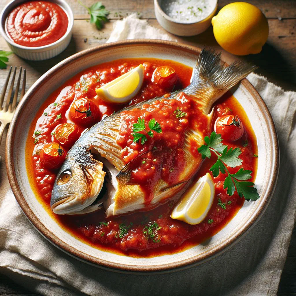 Fish fillets simmered in a rich tomato sauce, garnished with fresh herbs