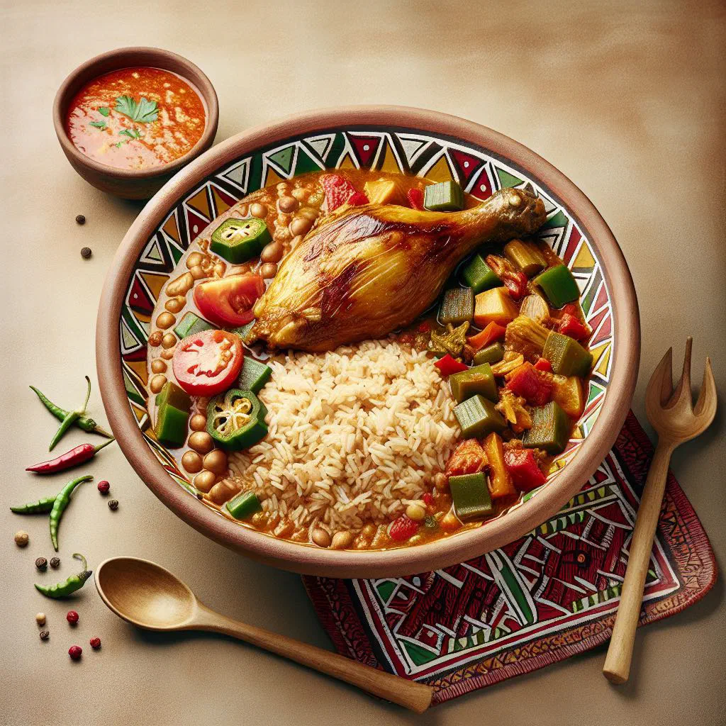 A colourful bowl of Togolese riz gras with rice, vegetables and meat