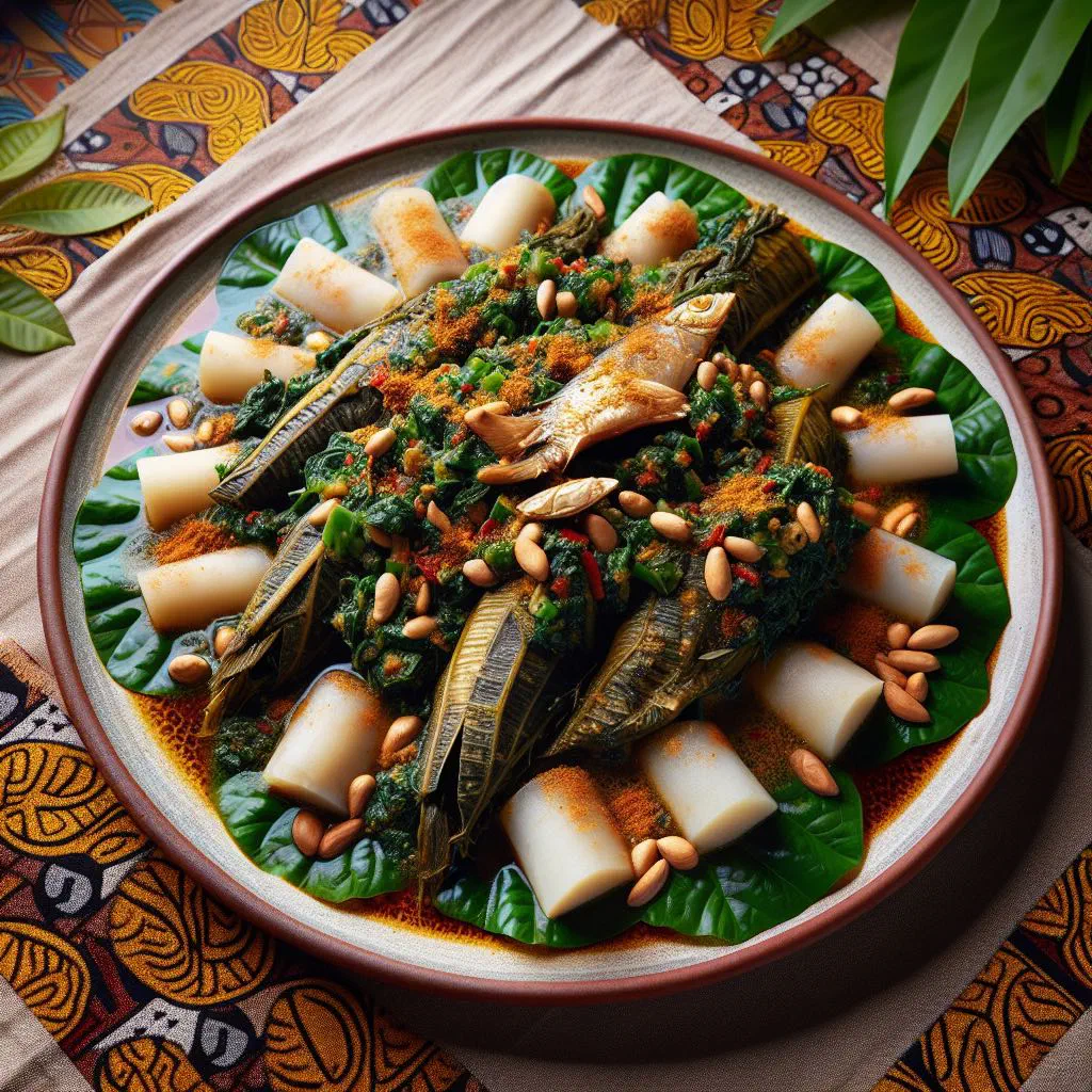 Bowl of saka saka made from cassava leaves with palm oil and chilli