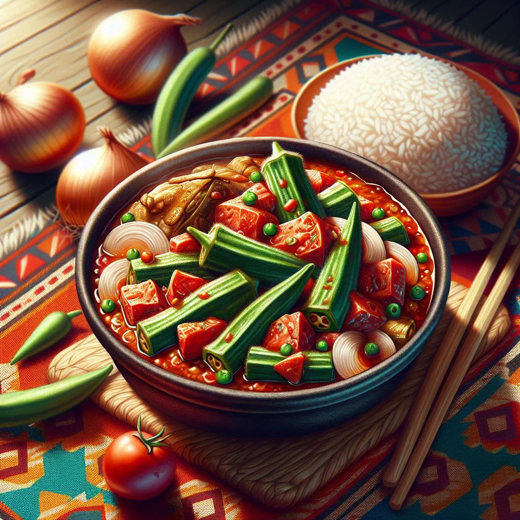 Bowl of sauce gombo, a thick okra and tomato stew garnished with fresh herbs