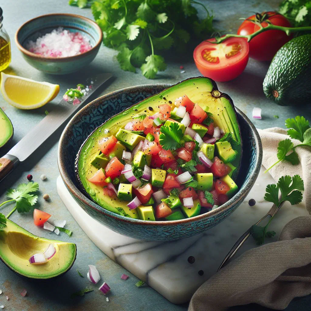 Halved avocados filled with a creamy spiced chicken and tomato mixture, garnished with fresh herbs