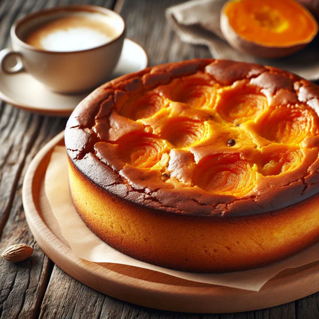 Golden sweet potato cake dusted with icing sugar on a plate