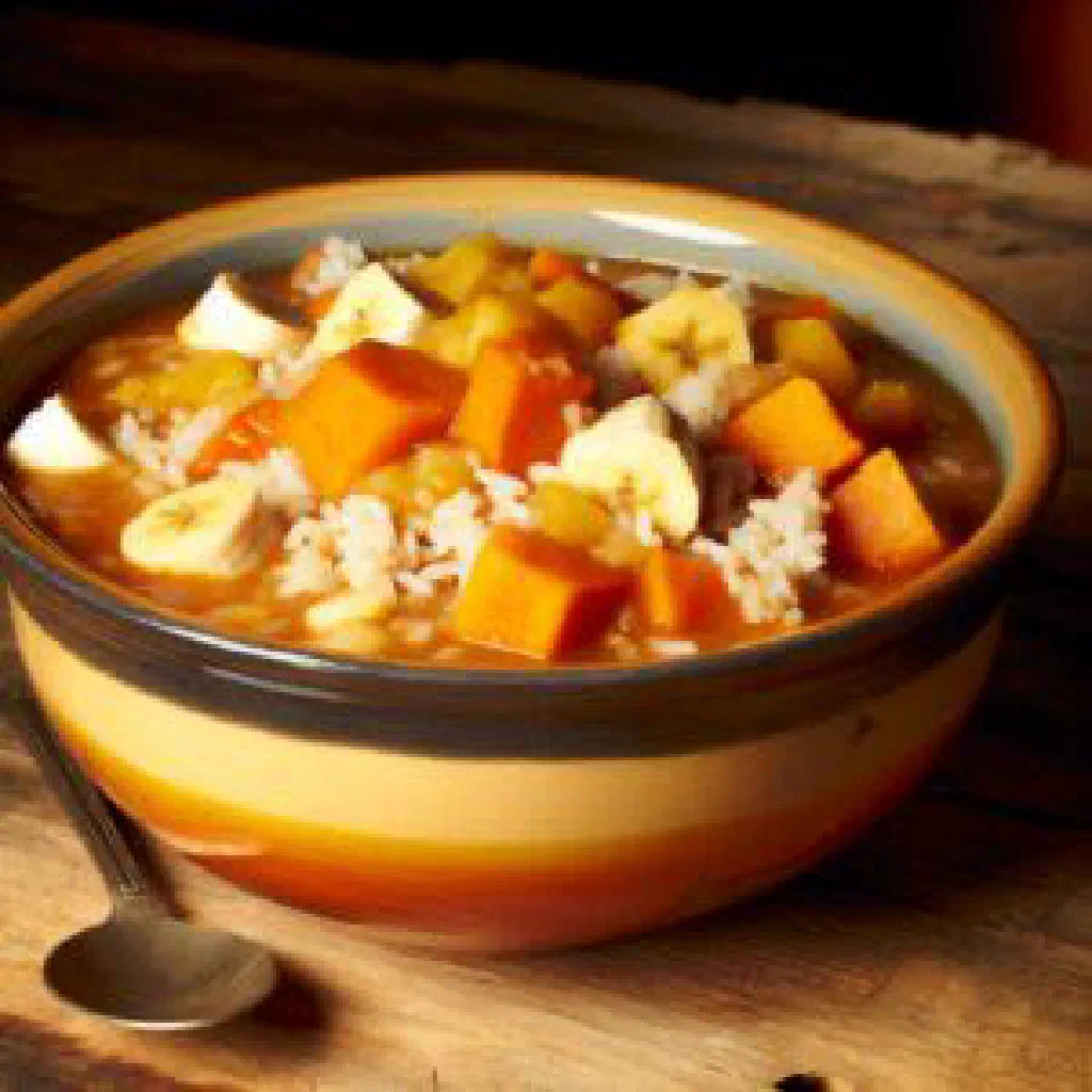 Sweet coconut rice with tropical fruit and root vegetables, Tongan lolo