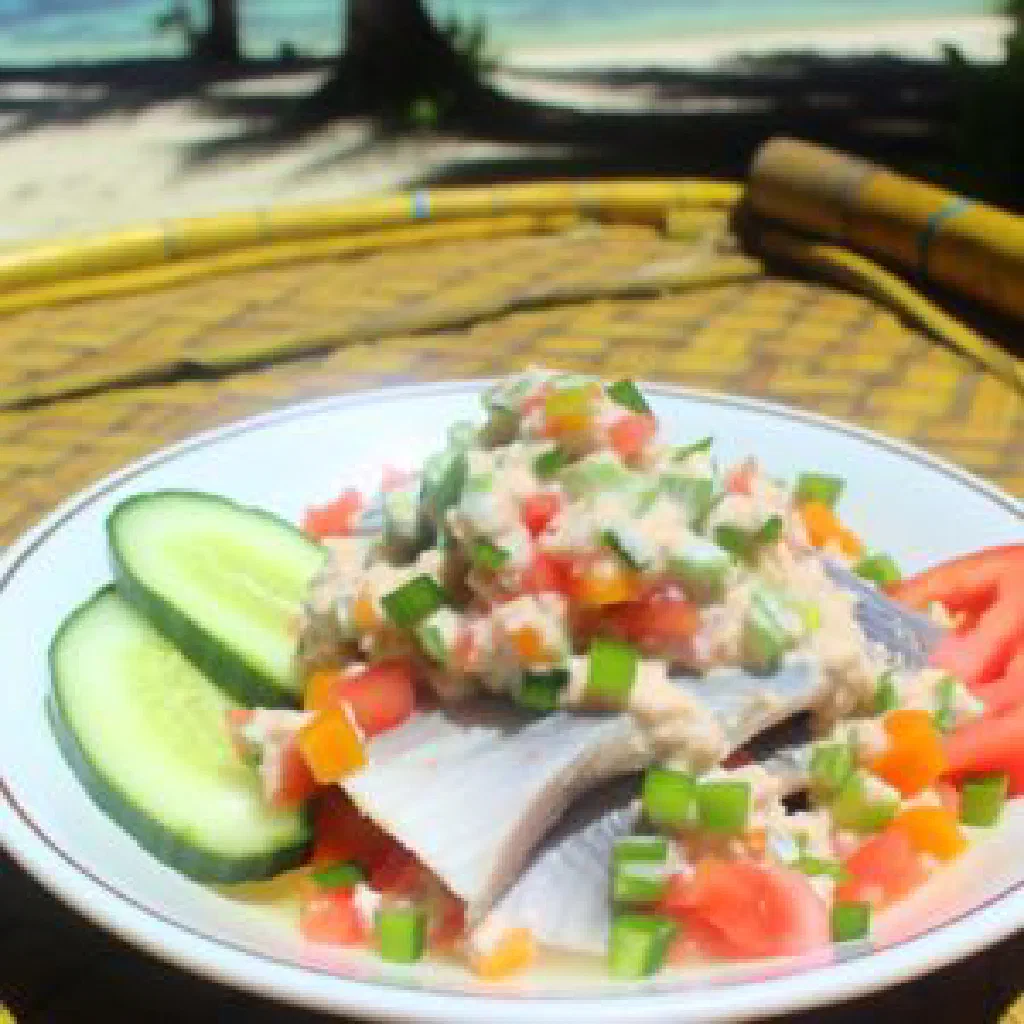 A bowl of Ota Ika with cubed raw fish, tomato, cucumber and coriander