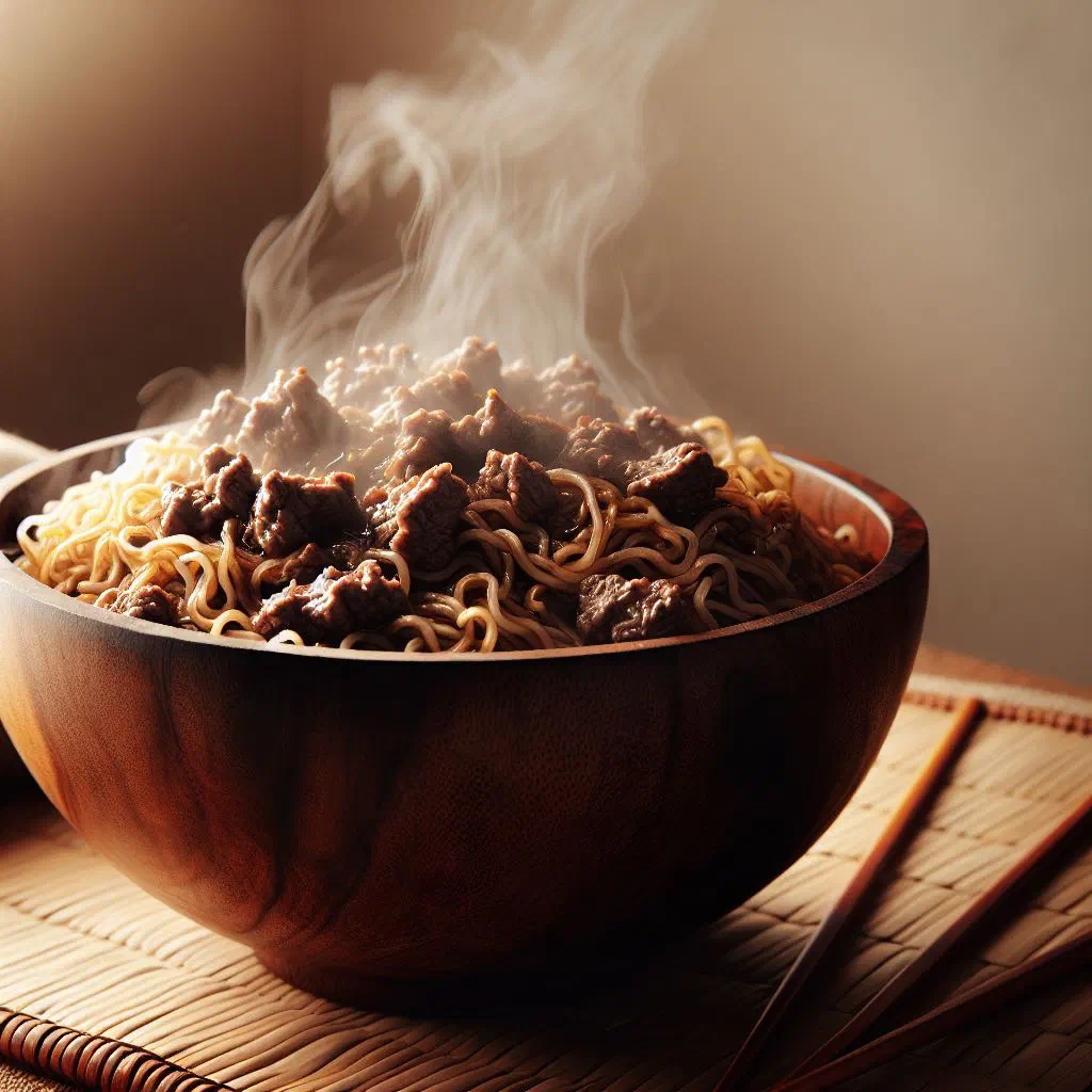 Sapasui with glass noodles, marinated meat and fresh vegetables
