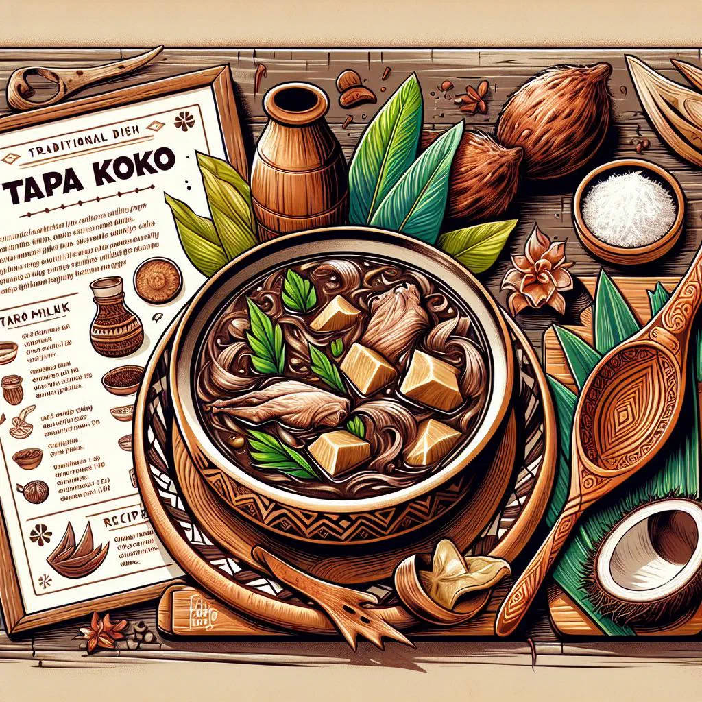 Tapa Koko with tender meat, vegetables and grated coconut on a plate