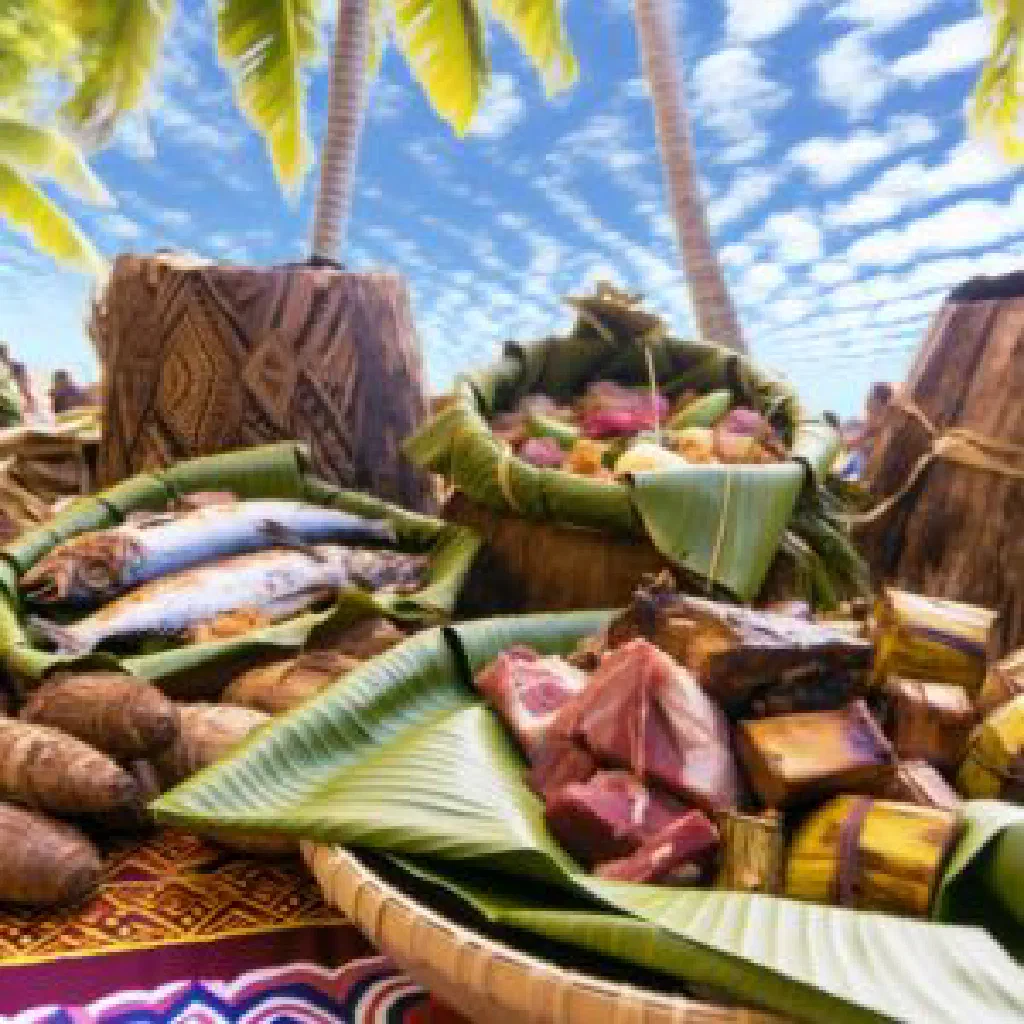 Tongan umu feast of fish, meat and vegetables cooked in an earth oven and served on banana leaves