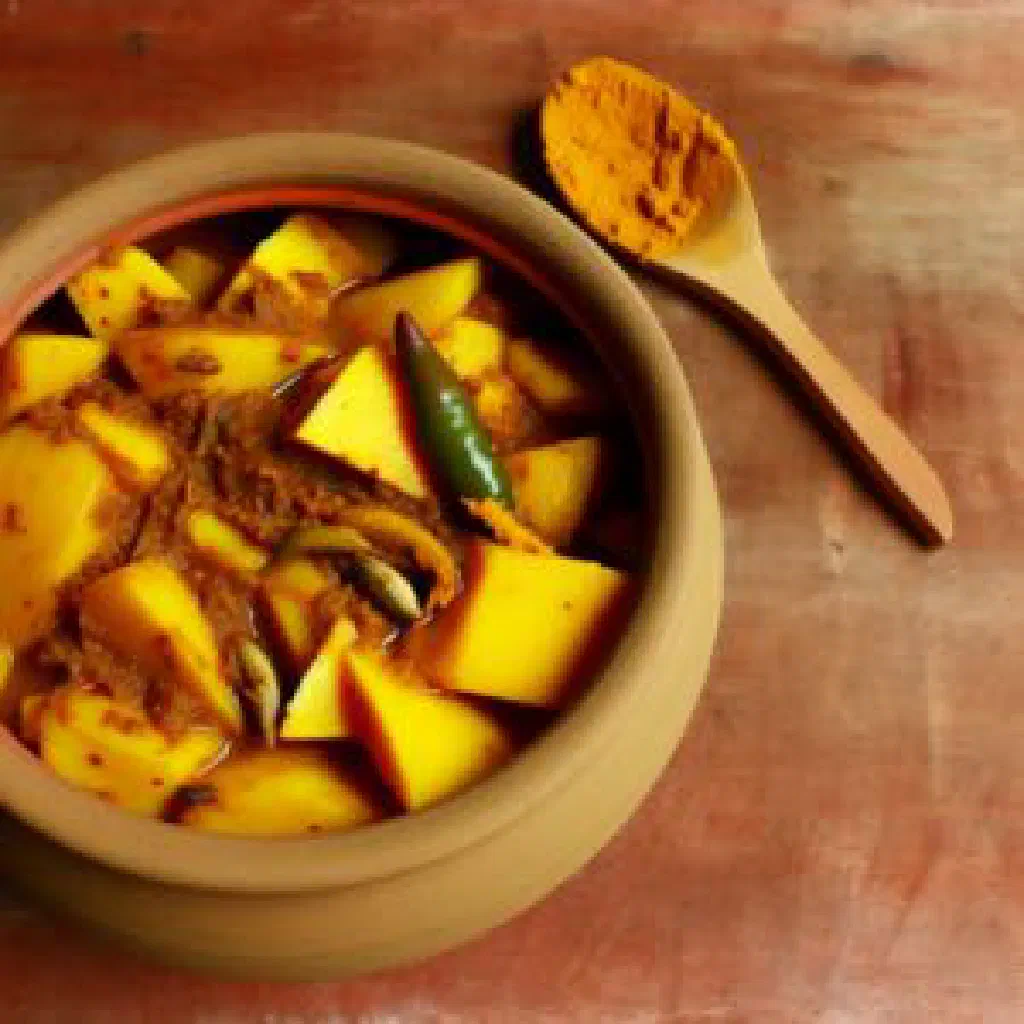 Bowl of anchar masala, a spicy mango chutney garnished with fresh coriander
