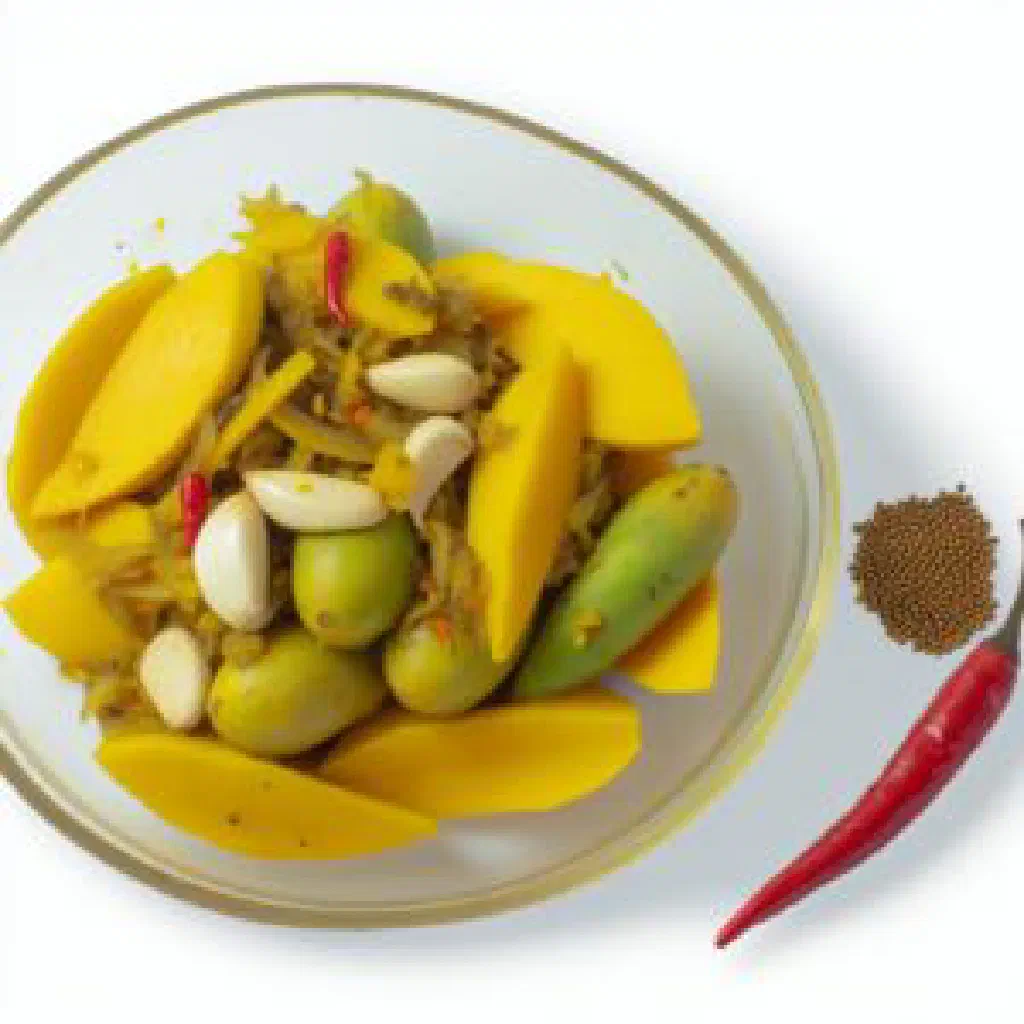 Bowl of anchar with diced mango, red pepper and chillies in a tangy marinade