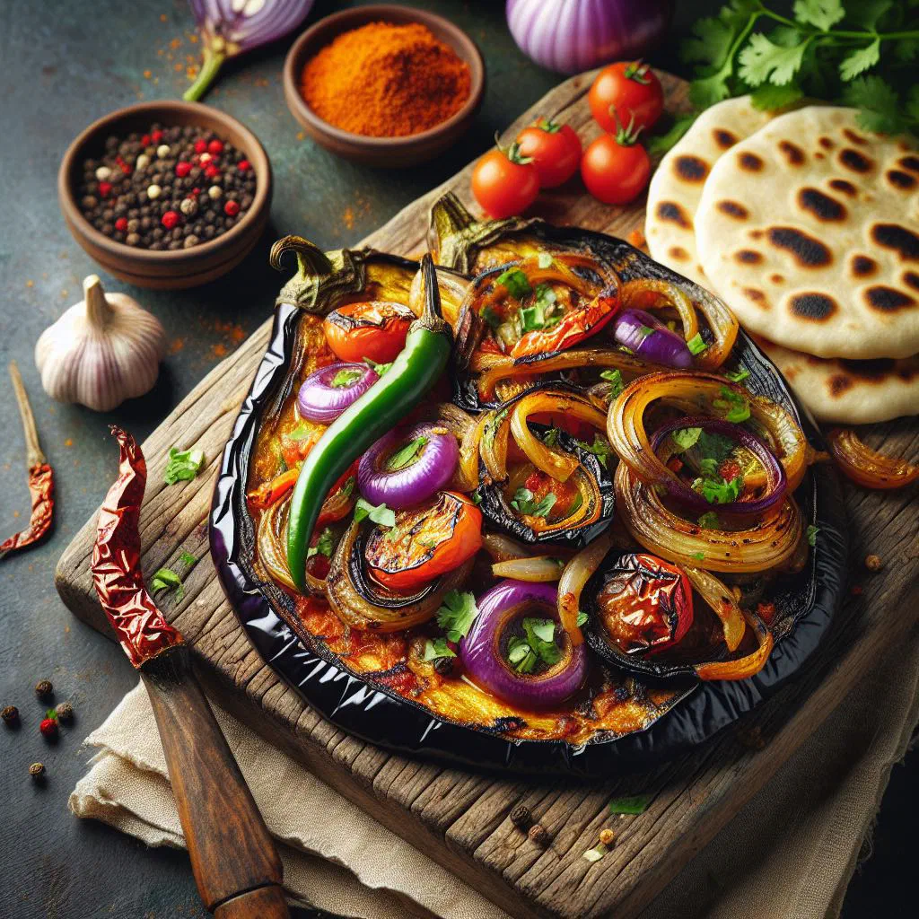 Bowl of smoky roasted aubergine baigan choka garnished with fresh herbs