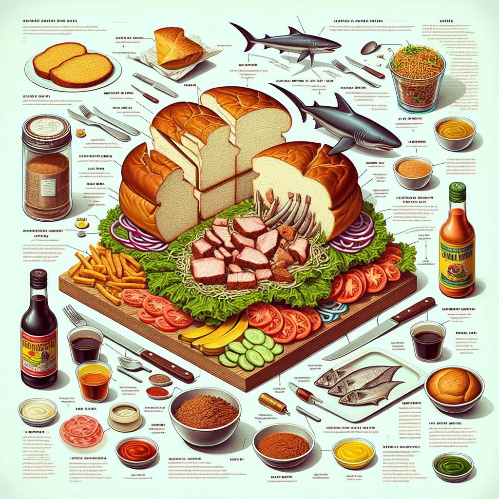 Bake and shark sandwich with fried fish, fresh salad and sauces in golden fried bread