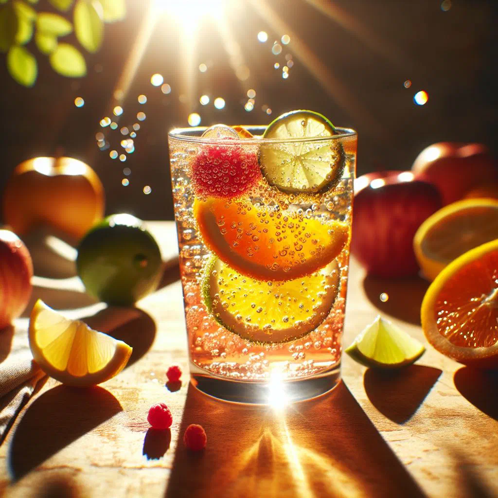 Sparkling fruit drink with ice, fresh fruit pieces and mint leaves in a tall glass