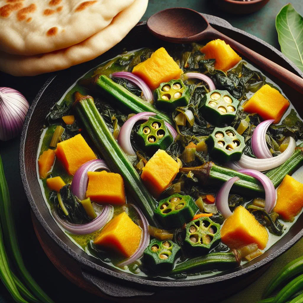 Creamy green callaloo served in a bowl, garnished with spring onions