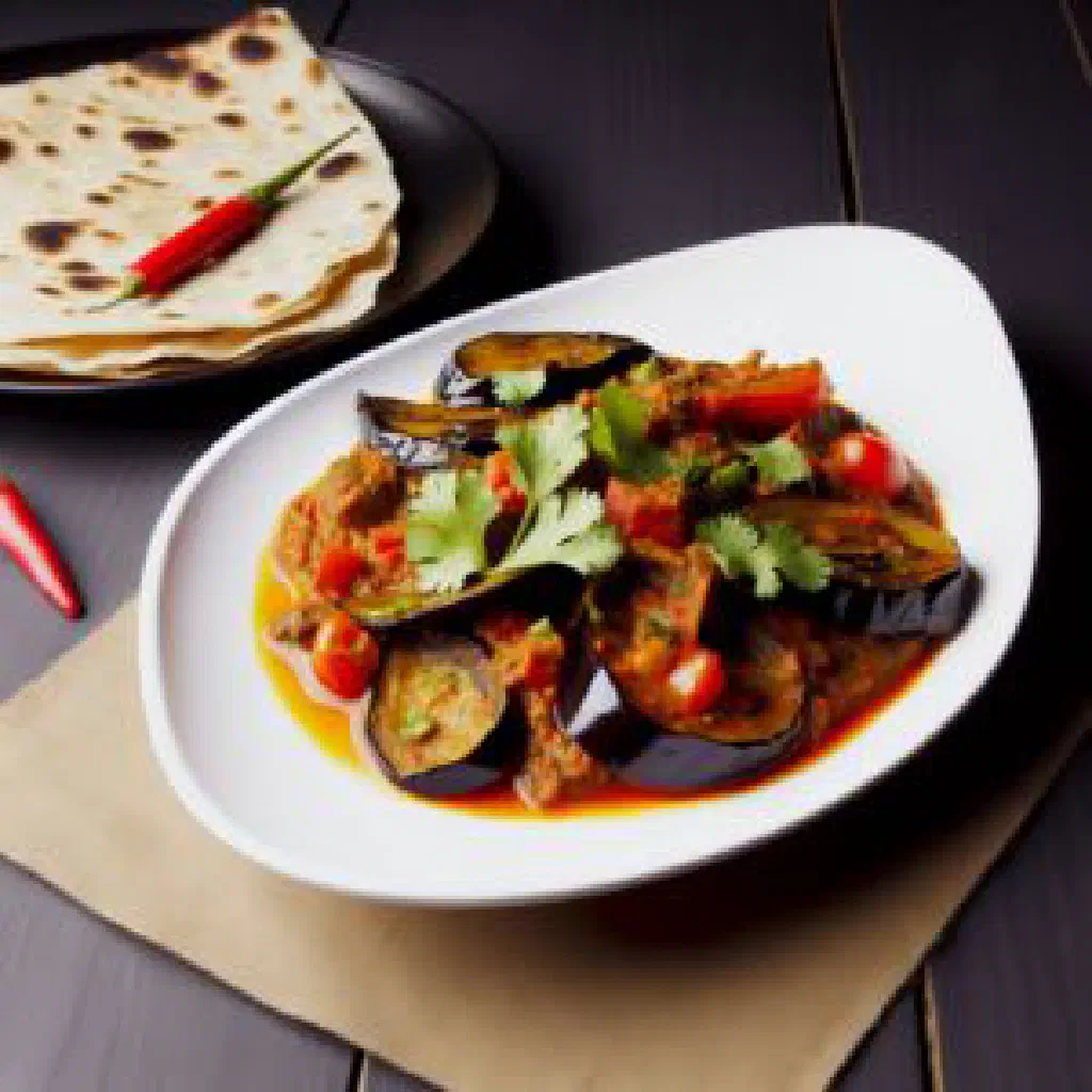 Bowl of chokha made from roasted aubergine and tomatoes, garnished with fresh herbs
