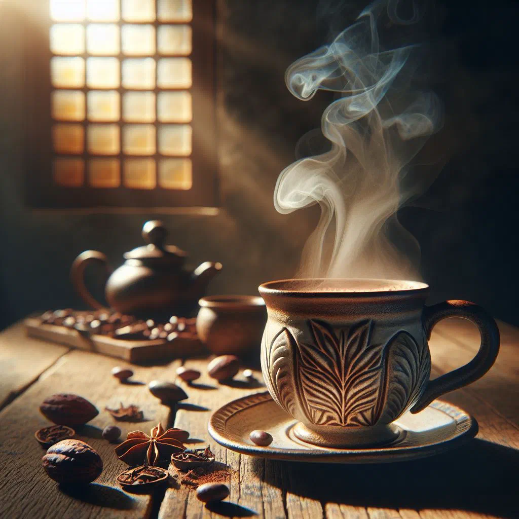 Steaming cup of Trinidadian cocoa tea dusted with cinnamon