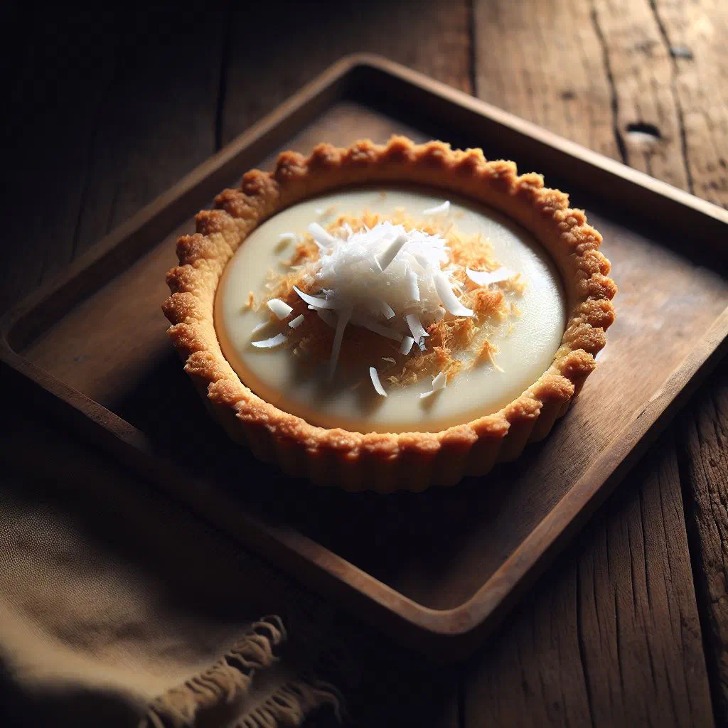 Golden-baked coconut tart with a sweet grated-coconut filling in a crisp pastry crust