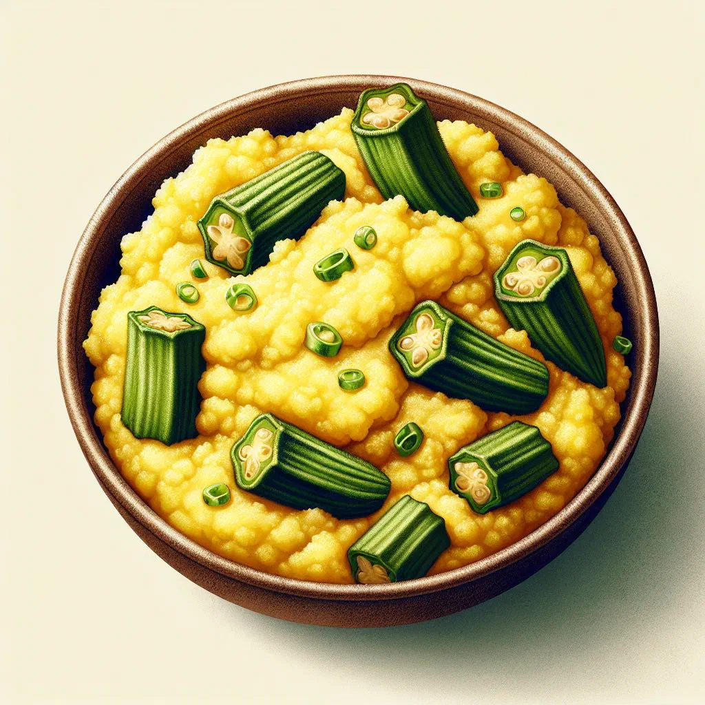 Creamy cornmeal cou-cou with okra served in a bowl