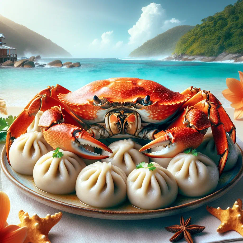 Crab and dumplings in a spiced curry sauce, garnished with fresh herbs