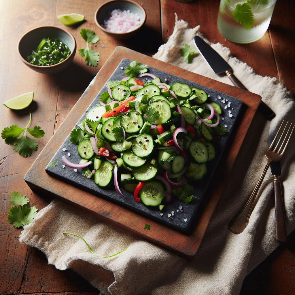 Bowl of cucumber chow with lime, chilli and fresh coriander