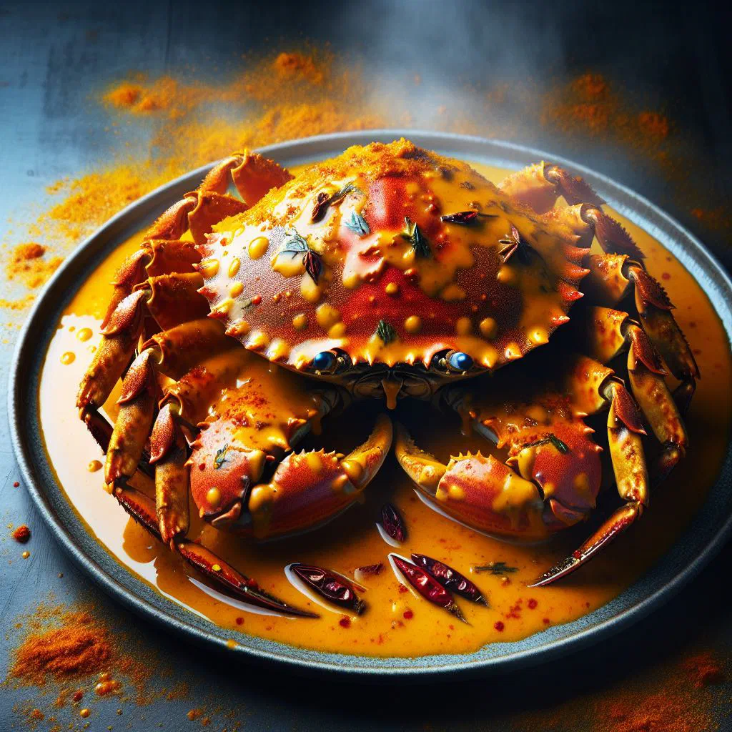Curry crab in a rich golden curry sauce garnished with fresh coriander