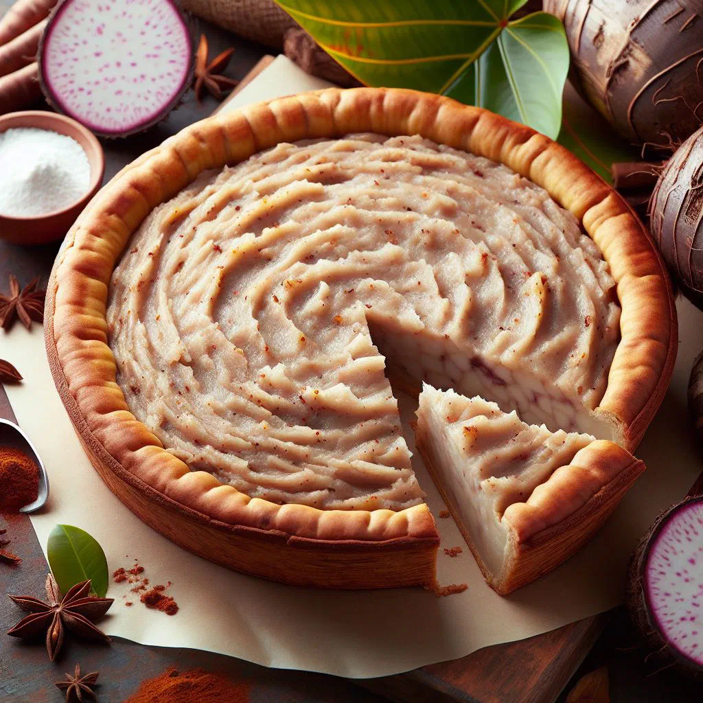 Golden baked dasheen pie in a dish, garnished with fresh herbs